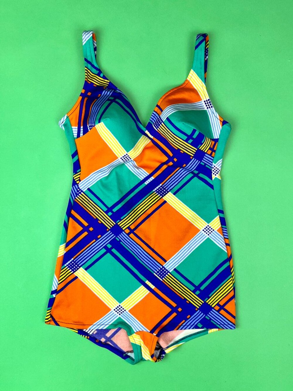 Deadstock Vintage 70s One Piece Swimsuit Colorful Plaid Bathing Suit Size Smal